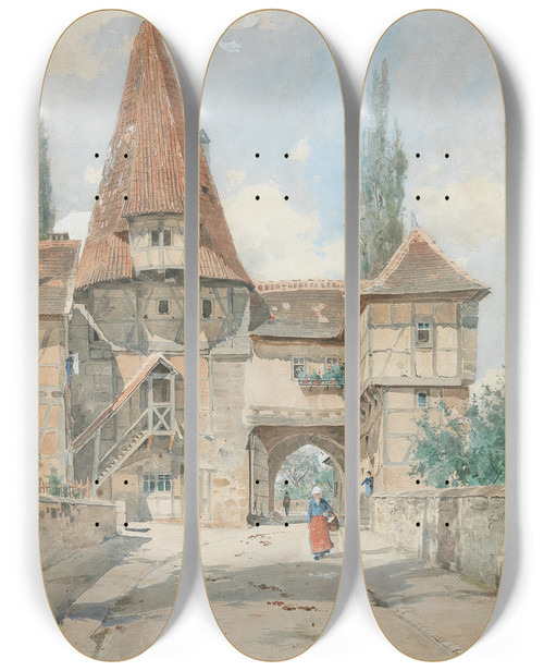 Triptych art skateboard deck of Eduard Zetsche The Rdelseer Gate In Iphoven by Eduard Zetsche (1844-1927)