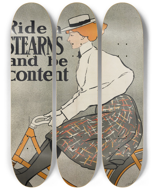 Triptych art skateboard deck of Edward Penfield Ride A Stearn And Be Content by Edward Penfield (1866-1925)