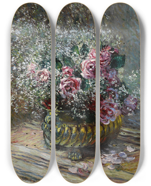Triptych art skateboard deck of Claude Monet Fleurs Dans Un Pot Roses Et Brouillard by Claude Monet (1840-1926)