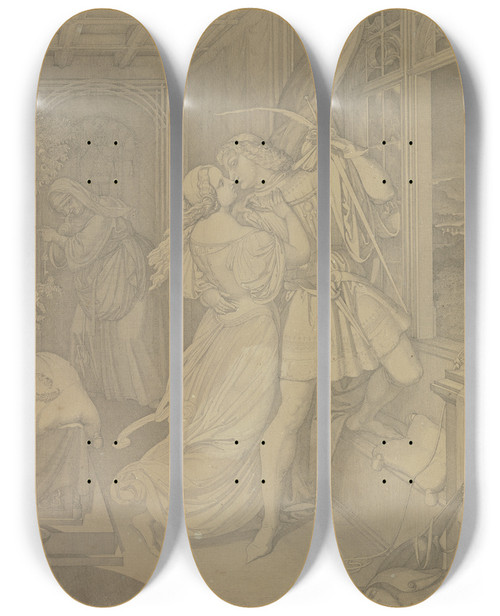 Triptych art skateboard deck of Ferdinand Fellner Romeo Im Zimmer Der Julia Steigt Zum Fenster Hinaus by Ferdinand Fellner (1799-1859)