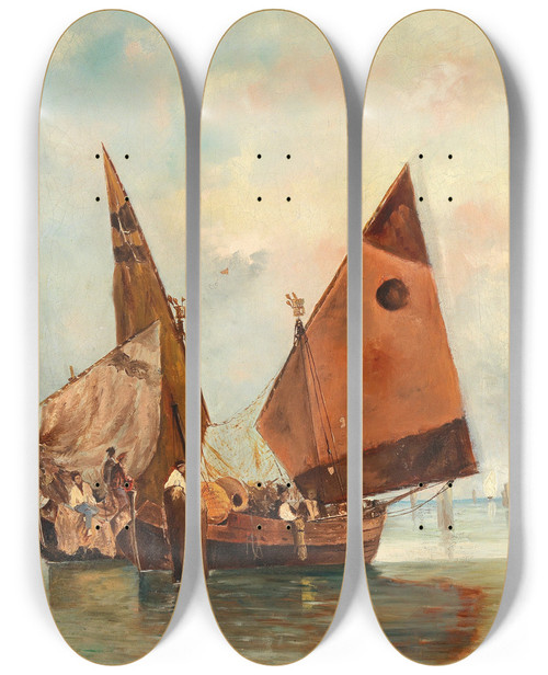 Triptych art skateboard deck of Leontine Von Littrow Boat With Sails Set And Moored In The Lagoon by Leontine Von Littrow (1860-1914)