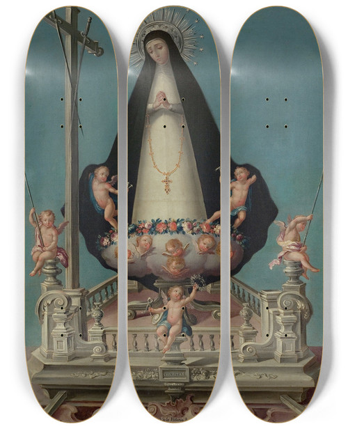 Triptych art skateboard deck of Jos Campeche Y Jordn Virgin Of Solitude From The Mnimos De La Victoria Convent by Jose Campeche Y Jordan (1751-1809)