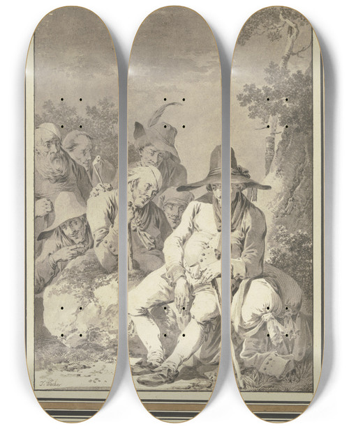 Triptych art skateboard deck of Tiberius Dominikus Wocher Sitzender Bauer Mit Groem Hut Bei Seinem Gepck Rastend Und Sechs Begleiter by Tiberius Dominikus Wocher (1728-1799)