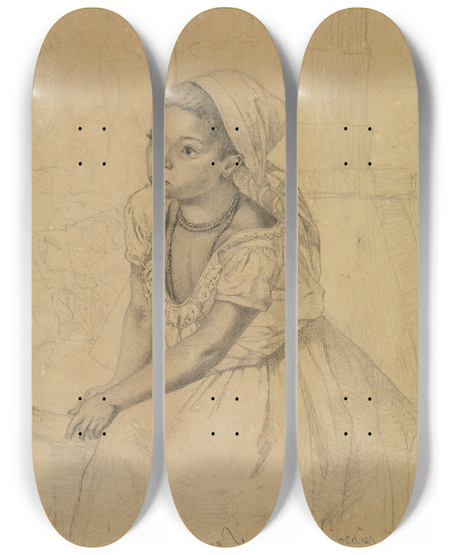 Triptych art skateboard deck of Ferdinand Keller Studie Der Maria Joanna De Cocaies Sitzend In Halbfigur Nach Links Gewendet by Ferdinand Keller (1842-1922)