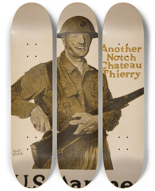 Triptych art skateboard deck of Adolph Treidler Another Notch Chateau Thierry Us Marines by Adolph Treidler (1886-1981)