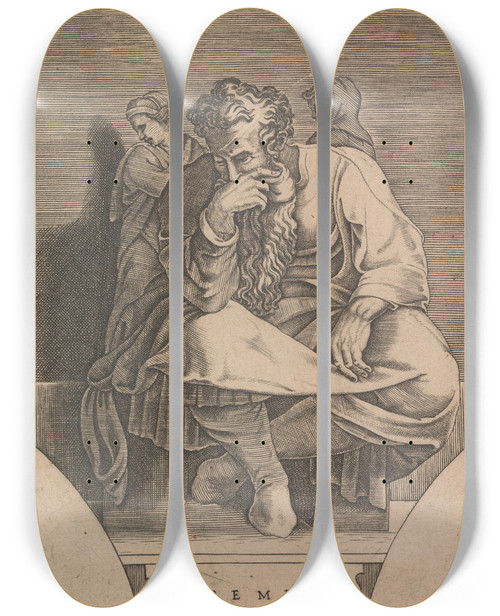 Triptych art skateboard deck of Adamo Scultori The Prophet Jeremiah by Adamo Scultori (1530-1585)