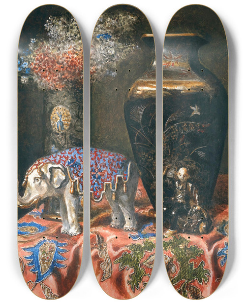 Triptych art skateboard deck of Max Schdl Still Life With A Japanese Vase And An Elephant by Max Schodl (1834-1921)