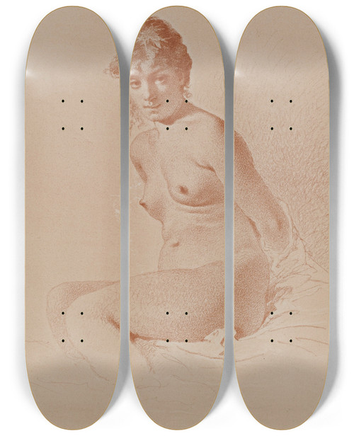 Triptych art skateboard deck of Mihly Zichy Nude Print_2 by Mihaly Zichy (1827-1906)