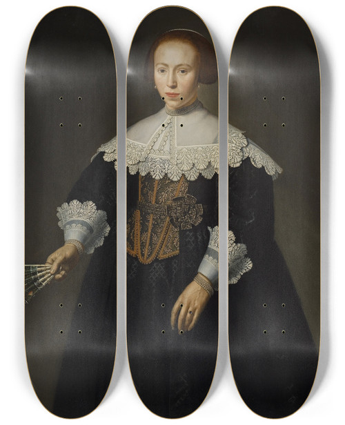 Triptych art skateboard deck of Dirck Dircksz Van Santvoort Portrait Of A Lady_2 by Dirck Dircksz Van Santvoort (1610-1680)