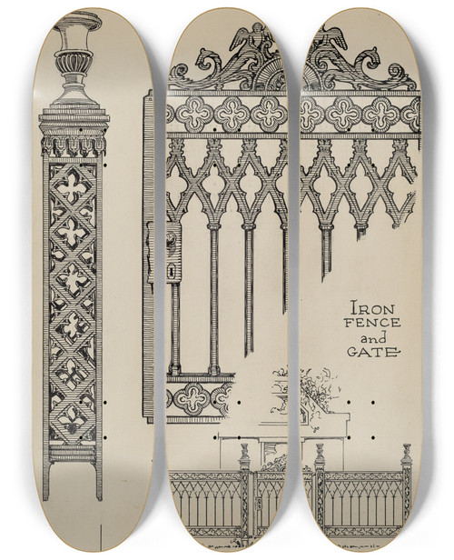 Triptych art skateboard deck of Thomas Byrne Iron Gate And Fence by Thomas Byrne