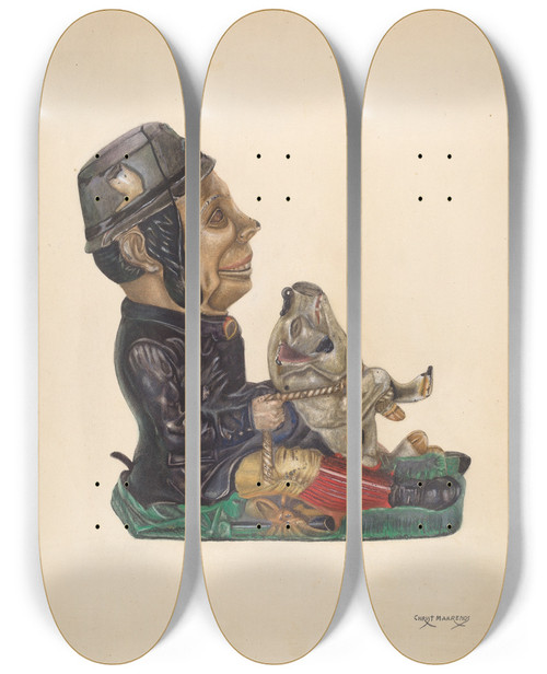 Triptych art skateboard deck of Chris Makrenos Toy Bank Paddy And The Pig by Chris Makrenos (20-)
