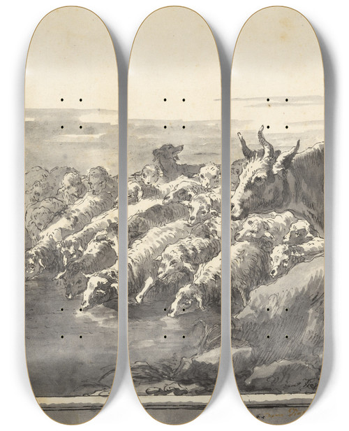 Triptych art skateboard deck of Giovanni Domenico Tiepolo A Flock Of Sheep Drinking At A Pool With A Bullock And A Dog by Giovanni Domenico Tiepolo (1727-1804)