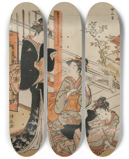 Triptych art skateboard deck of Torii Kiyonaga Three Women From The Series A Brief Collection Of Japanese Beauties by Torii Kiyonaga (1752-1815)