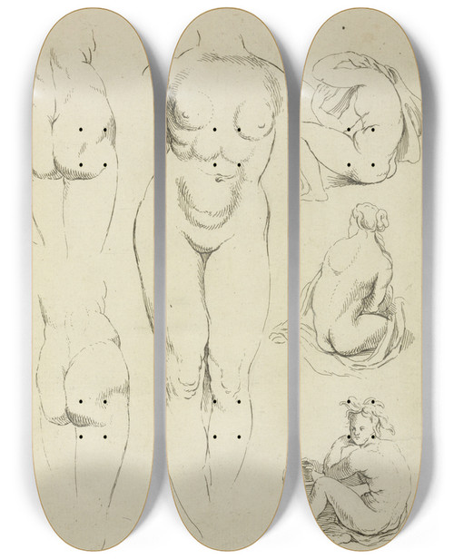 Triptych art skateboard deck of Peter Paul Rubens Studies Of The Female Torso Buttocks And Seated Figures Dorsal View by Peter Paul Rubens (1577-1640)