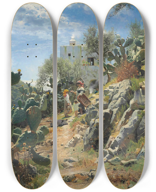 Triptych art skateboard deck of Peder Mrk Mnsted At Noon On A Cactus Plantation In Capri by Peder Mork Monsted (1859-1941)