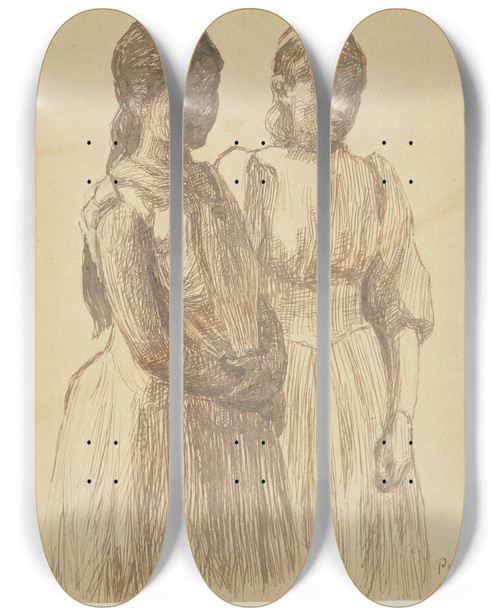Triptych art skateboard deck of Peter Hansen To Unge Piger Studie Til Maleriet Bal I En Provinsby Gteborg Kunstmuseum by Peter Hansen (1868-1928)