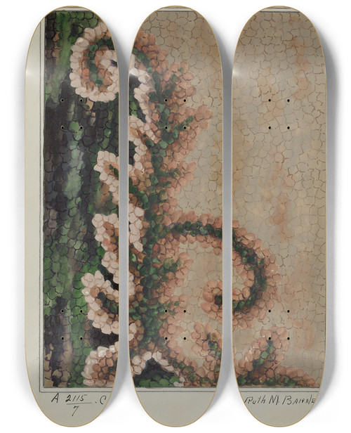 Triptych art skateboard deck of Ruth M Barnes Hooked Rug_8 by Ruth M Barnes