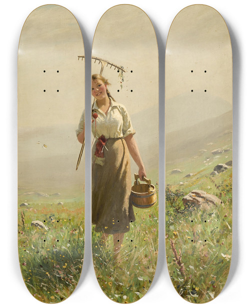 Triptych art skateboard deck of Hans Dahl A Young Woman In The Meadow by Hans Dahl (1849-1937)