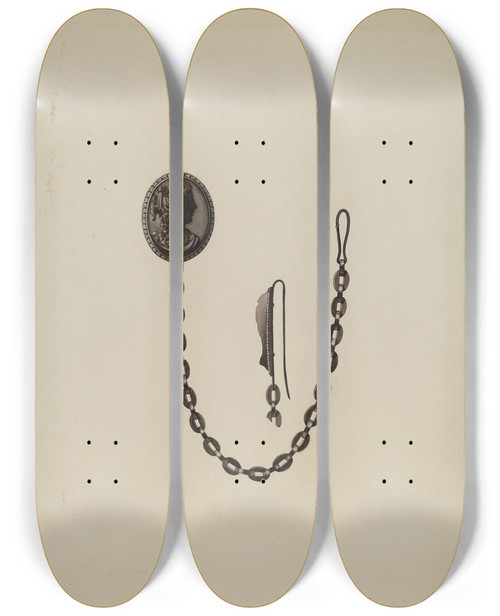 Triptych art skateboard deck of Dana Bartlett Medallion And Chain by Dana Bartlett