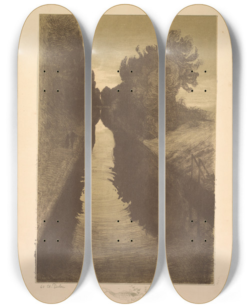 Triptych art skateboard deck of Charles Marie Dulac Suite De Paysages Landscape Plate 1 Remarque A Fish by Charles Marie Dulac (1865-1898)
