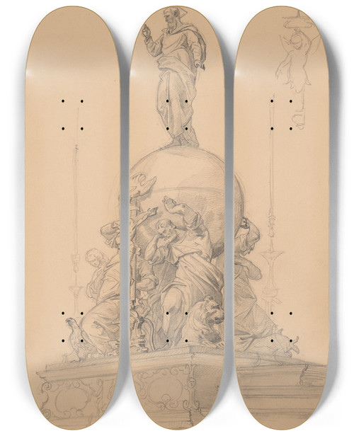 Triptych art skateboard deck of Jzef Simmler Study Of A Sculptural Group With Evangelists Carrying The Globe by Jozef Simmler (1823-1868)