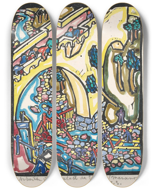 Triptych art skateboard deck of Reijer Stolk Arbeiten In Flussbett Der Etsch Working In The Adige Riverbed by Reijer Stolk (1896-1945)