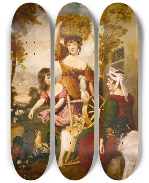 Triptych art skateboard deck of Sir Joshua Reynolds The Cottagers by Sir Joshua Reynolds (1723-1792)