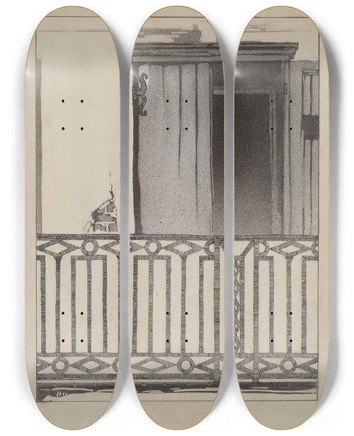 Triptych art skateboard deck of Arelia Arbo Wrought Iron Balcony Rail_1 by Arelia Arbo