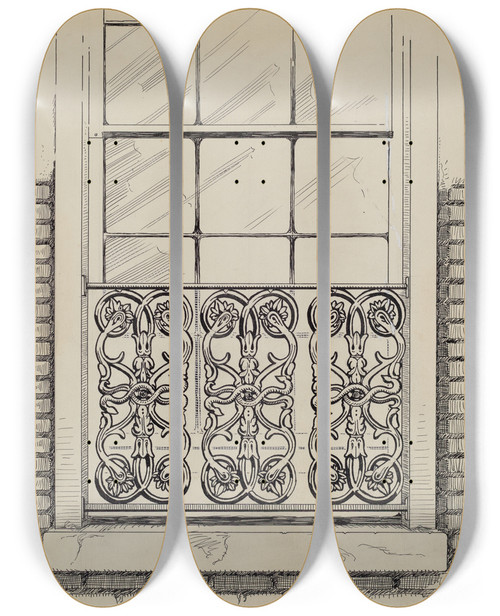 Triptych art skateboard deck of Thomas Byrne Cast Iron Window Grill by Thomas Byrne