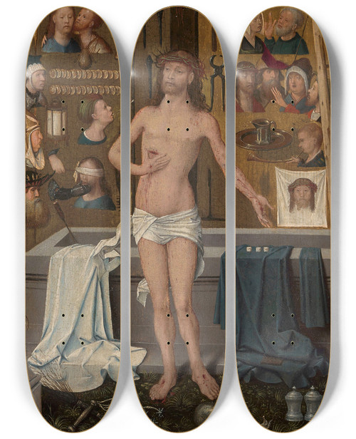 Triptych art skateboard deck of Goswin Van Der Weyden Christ With The Instruments Of Passion by Goswin van der Weyden (1455-1543)