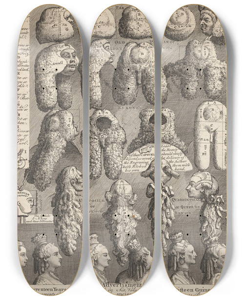 Triptych art skateboard deck of William Hogarth The Five Orders Of Periwigs by William Hogarth (1697-1764)