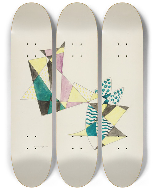 Triptych art skateboard deck of David Kakabadz Abstraction Based On Sails Iv by David Kakabadze (1889-1952)