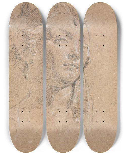 Triptych art skateboard deck of Francesco Lorenzi Verona Sketchbook Head Of A Woman Page 58 by Francesco Lorenzi (1723-1787)