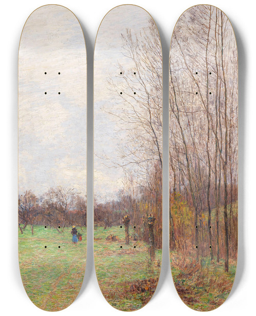 Triptych art skateboard deck of Paul Baum Waldrand Im Vorfrhling Wohl Bei Goppeln by Paul Baum (1859-1932)