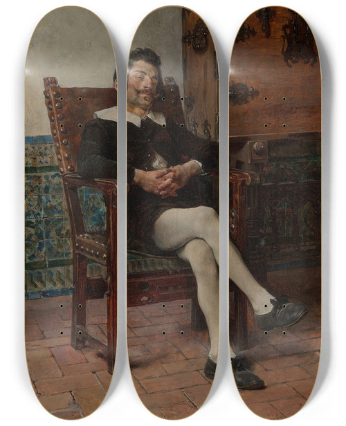 Triptych art skateboard deck of Jos Jimnez Y Aranda A Moment Of Repose by Jose Jimenez Y Aranda (1837-1903)