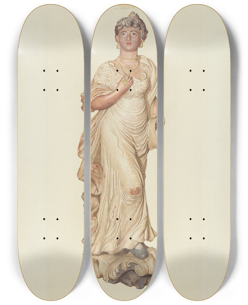 Triptych art skateboard deck of Elizabeth Moutal Figurehead From The Sloop Postmaster by Elizabeth Moutal