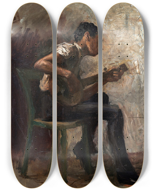 Triptych art skateboard deck of Thomas Eakins The Banjo Player by Thomas Eakins (1844-1916)