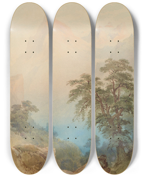 Triptych art skateboard deck of Nicholas Chevalier Untitled A View Of The Alps by Nicholas Chevalier (1828-1902)