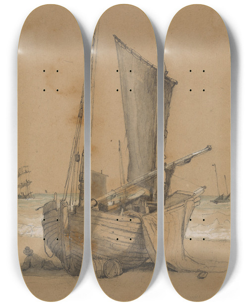 Triptych art skateboard deck of Samuel Prout Fishing Boat On The Beach With A Brig At Sea by Samuel Prout (1783-1852)