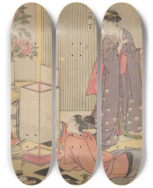Triptych art skateboard deck of Katsukawa Shunch The Fourth Month Shigatsu by Katsukawa Shuncho (1783-1795)