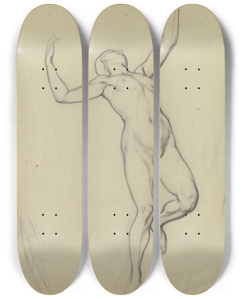 Triptych art skateboard deck of Victor Mller Weiblicher Akt In Vorderansicht In Starker Beugung Nach Hinten Die Arme Erhoben by Victor Muller (1829-1871)