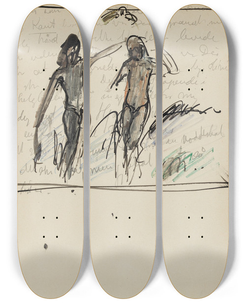 Triptych art skateboard deck of Ja Jerichau Studie Af To Stende Figurer Nsten Identiske Med Figurer I Kunstnerens Maleri Elskovopus I 1915 by J.A. Jerichau (1816-1883)