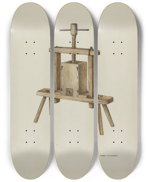 Triptych art skateboard deck of Harry Mann Waddell Cider Press by Harry Mann Waddell (1876-1956)