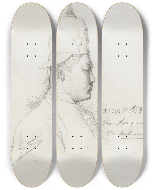 Triptych art skateboard deck of Jeanlon Grme Study Of The Third Siamese Ambassador From Reception Of The Ambassadors From Siam At The Chateau De Fontainbleau by Jean-Lon Grme (1824-1904)