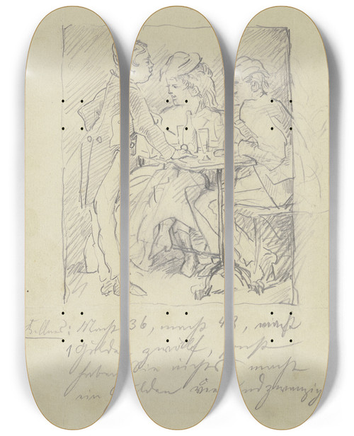Triptych art skateboard deck of Wilhelm Trbner Waiter With Two Guests by Wilhelm Trubner (1851-1917)