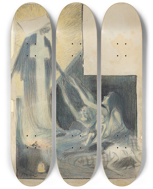 Triptych art skateboard deck of Thophile Alexandre Steinlen La Mort Des Pauvresbaudelaire by Theophile Alexandre Steinlen (1859-1923)