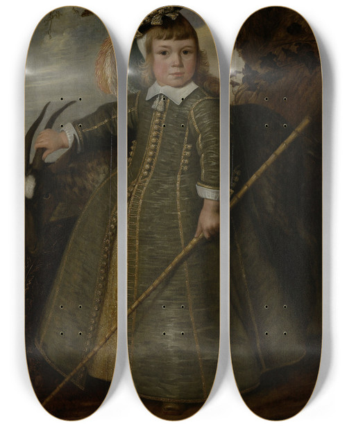 Triptych art skateboard deck of Jan Albertsz Rotius Portrait Of A Boy With A Billygoat by Jan Albertsz Rotius (1624-1666)