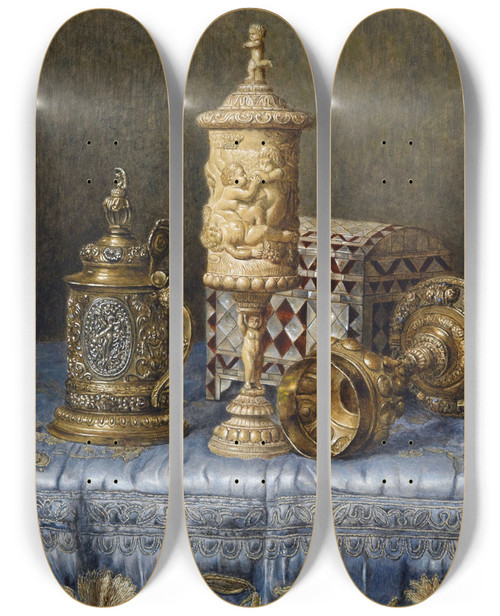 Triptych art skateboard deck of Max Schdl Antiquittenstillleben by Max Schodl (1834-1921)