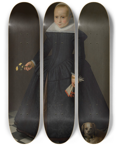 Triptych art skateboard deck of Dirck Dircksz Van Santvoort Portrait Of A Girl by Dirck Dircksz Van Santvoort (1610-1680)
