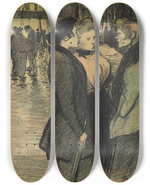 Triptych art skateboard deck of Thophile Alexandre Steinlen Femmes Conversant Dans La Rue by Theophile Alexandre Steinlen (1859-1923)